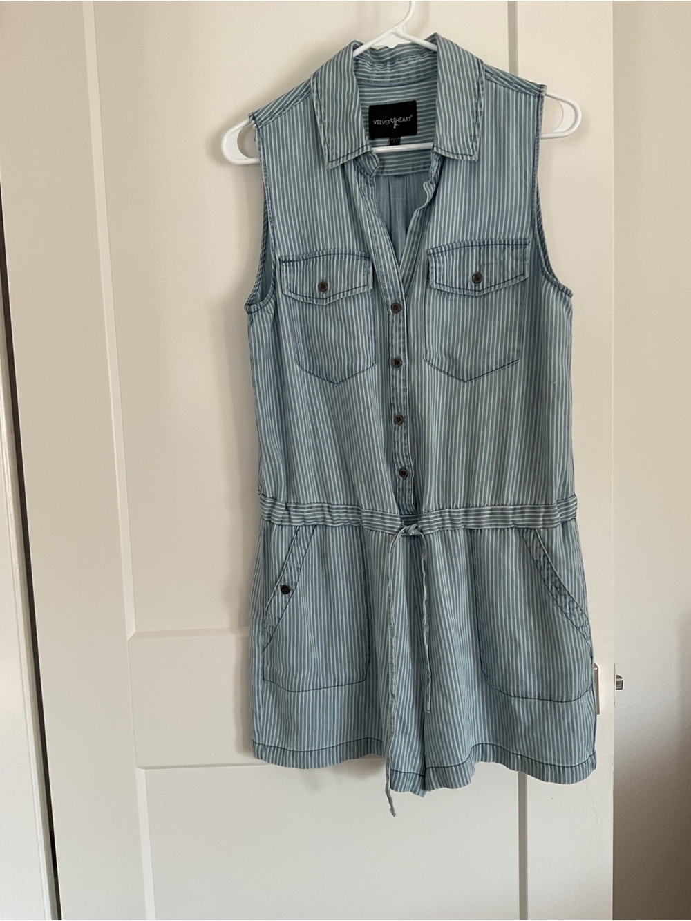 Velvet Heart Light Blue Striped Sleeveless Romper